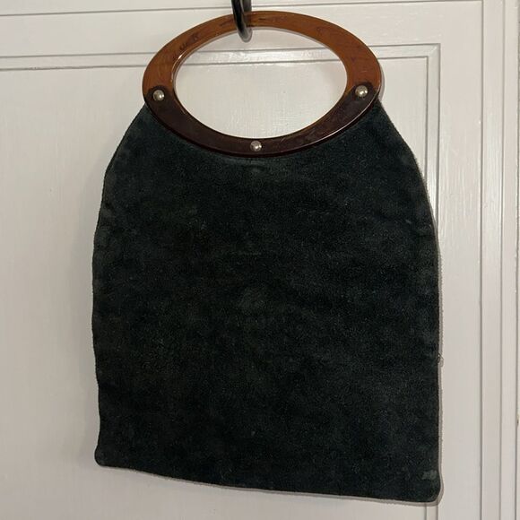 Vintage 60s/70s Walborg black suede leather purse and with brown plastic handle - Picture 4 of 8